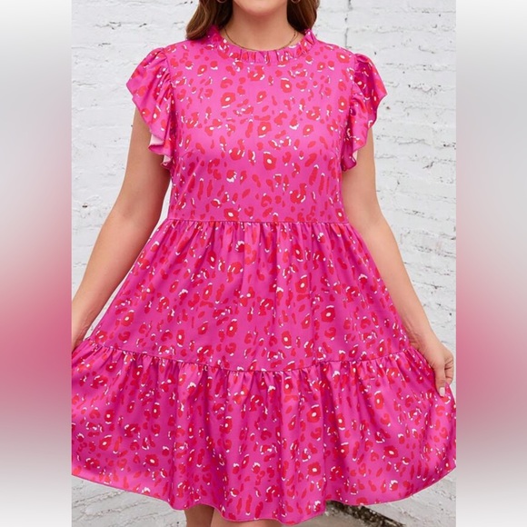 Women’s pink  Leopard Print Butterfly Sleeve Ruffle Hem
Smock Dress NEOT sz 1X - Picture 3 of 7